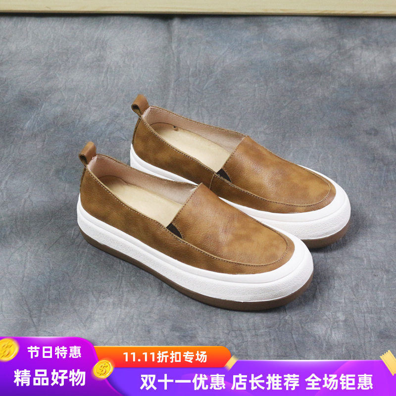头层牛皮休闲手工惜夏结女鞋秋季复古圆头春夏平底鞋通勤女包邮