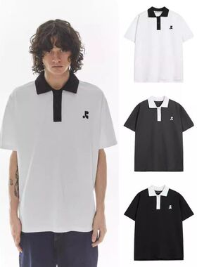 现货restandrecreation字母刺绣翻领短袖T恤男女RR宽松纯色polo衫