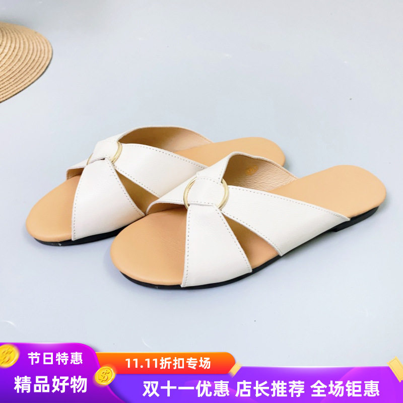 真皮软底拖鞋女2025夏季新款简约休闲外穿塑料露趾圆头平底牛皮凉