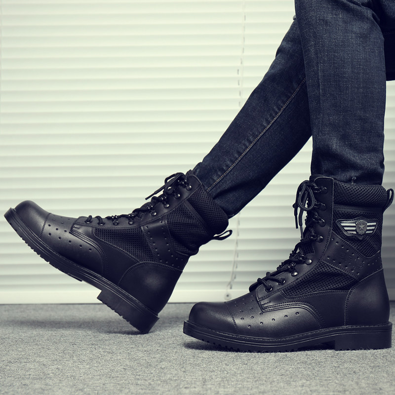 夏季男女马丁靴安检执勤靴超强人气户外透气镂空热区作战靴网真皮