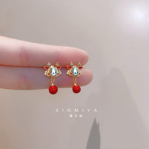 馨米娅龙年红色珠子国风生肖耳钉