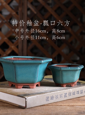 自在屋釉盆瓢口六方小号透气多肉绿植盆景盆栽室内养根绿色