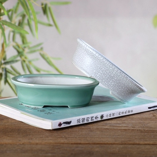 自在屋精选釉盆青瓷/开片釉小花盆盆景菖蒲假山桌面KQ67#口边椭圆