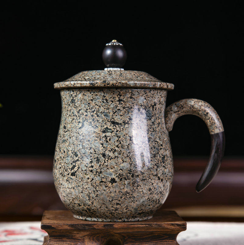 内蒙中华麦饭石水杯带盖大容量轻便养生杯子复古风茶杯中式精工