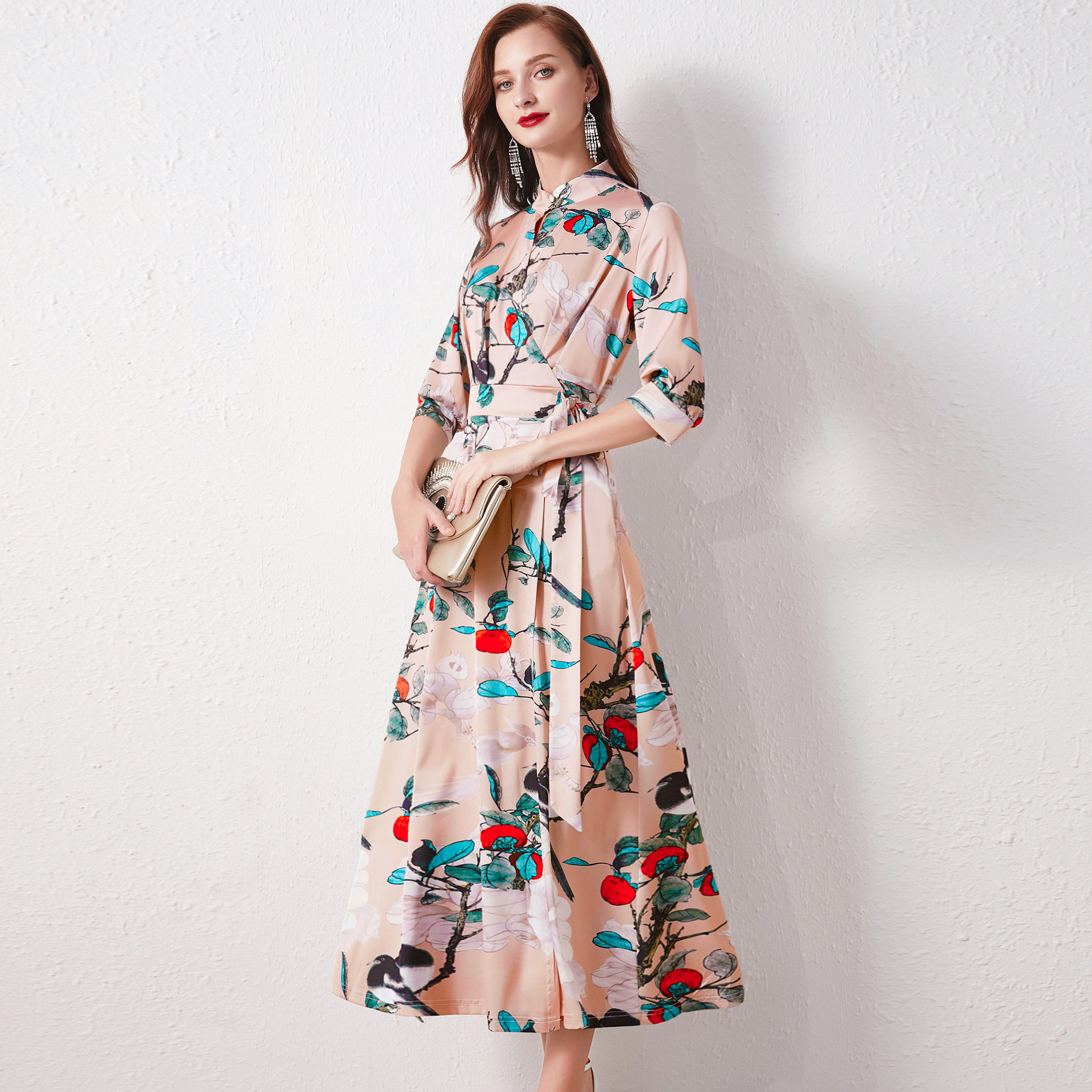 原创立领衬衫连衣裙长款淑女印花缎面雪纺飘逸收腰大摆长裙女夏秋