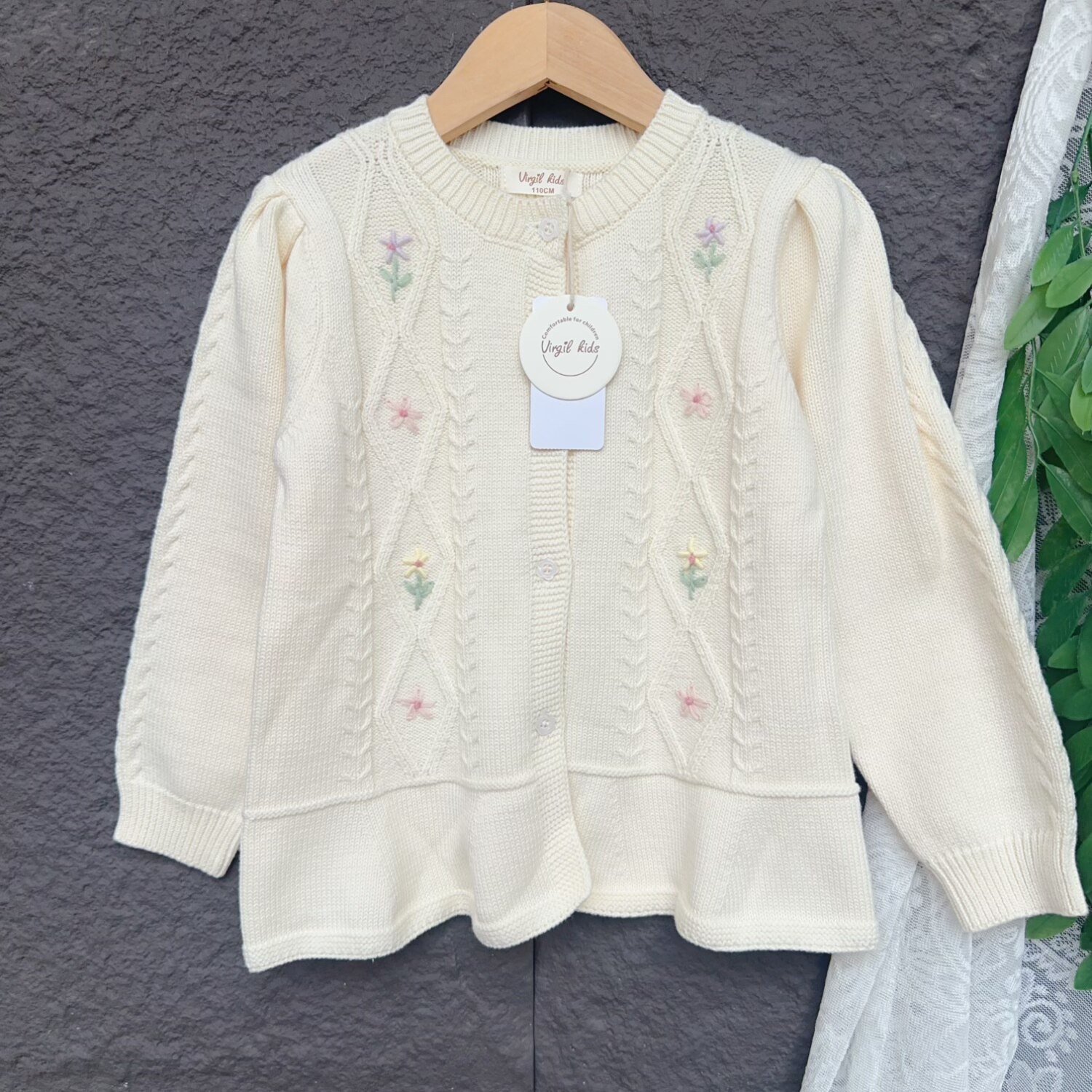 Virgil kids女童刺绣针织开衫 97棉春秋款小女孩甜美麻花毛衣外套