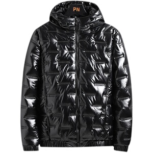 冬季男士新款连帽外套潮流休闲亮面PU皮棉衣短款棉袄网格6018-P55图片