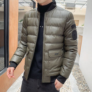 冬季男士棉衣短款外套修身羽绒棉服棒球领加厚PU皮棉衣826-P75图片