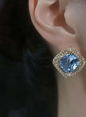 思慕琦蓝色水晶镶钻轻奢百搭耳钉