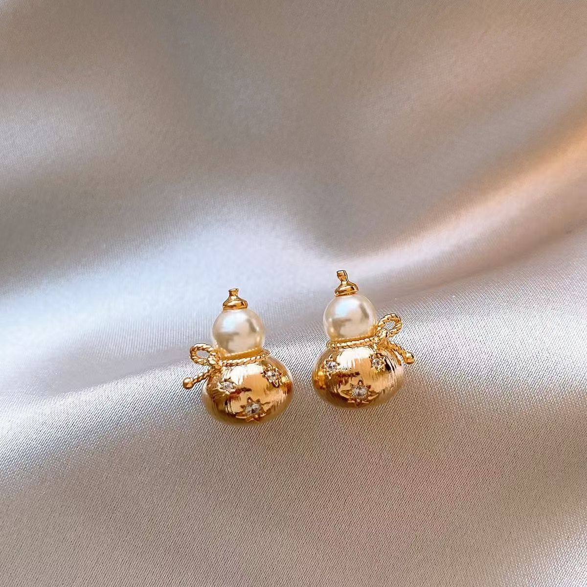 金色拉丝八芒星锆石珍珠葫芦耳钉女独特漂亮耳饰高级感巨好看耳环,饰品/流行首饰/时尚饰品新,耳环,淘宝优惠券,粉丝福利购,淘宝优惠卷