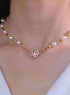 高级感镶钻爱心磁吸心形珍珠项链2024新款小众设计百搭气质锁骨链