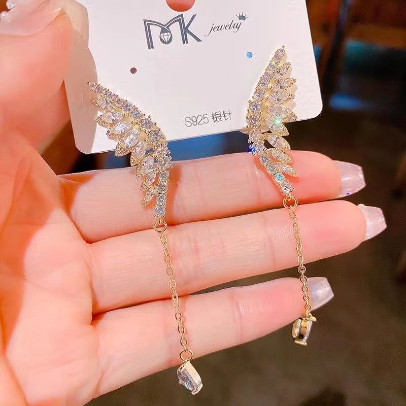 微重工翅膀耳环超仙气质优雅名媛圆脸显瘦长款水滴流苏羽毛耳饰