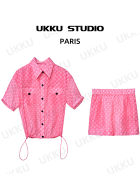 【UKKU STUDIO】夏季时尚透气运动休闲短款短袖潮牌女套装812037