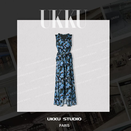 30【UKKU STUDIO】法式收腰气质碎花时尚蓝色夏显瘦连衣裙916108