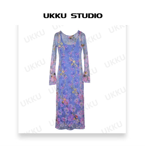 95【UKKU STUDIO】紫萝兰轻奢设计师收腰印花吊带连衣裙812120
