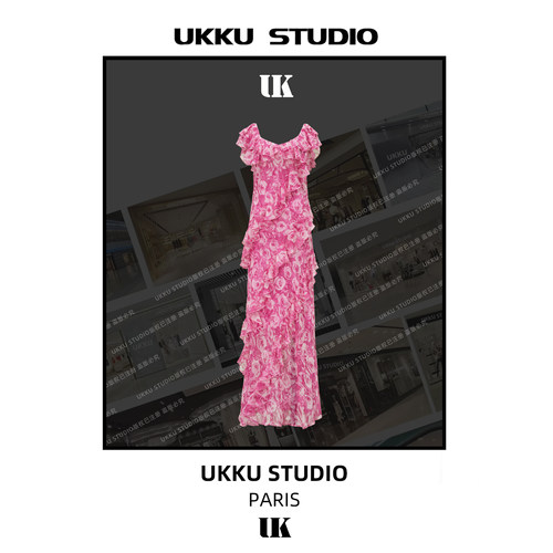 112【UKKU STUDIO】粉玫瑰设计师轻奢收腰夏季显瘦连衣裙914143