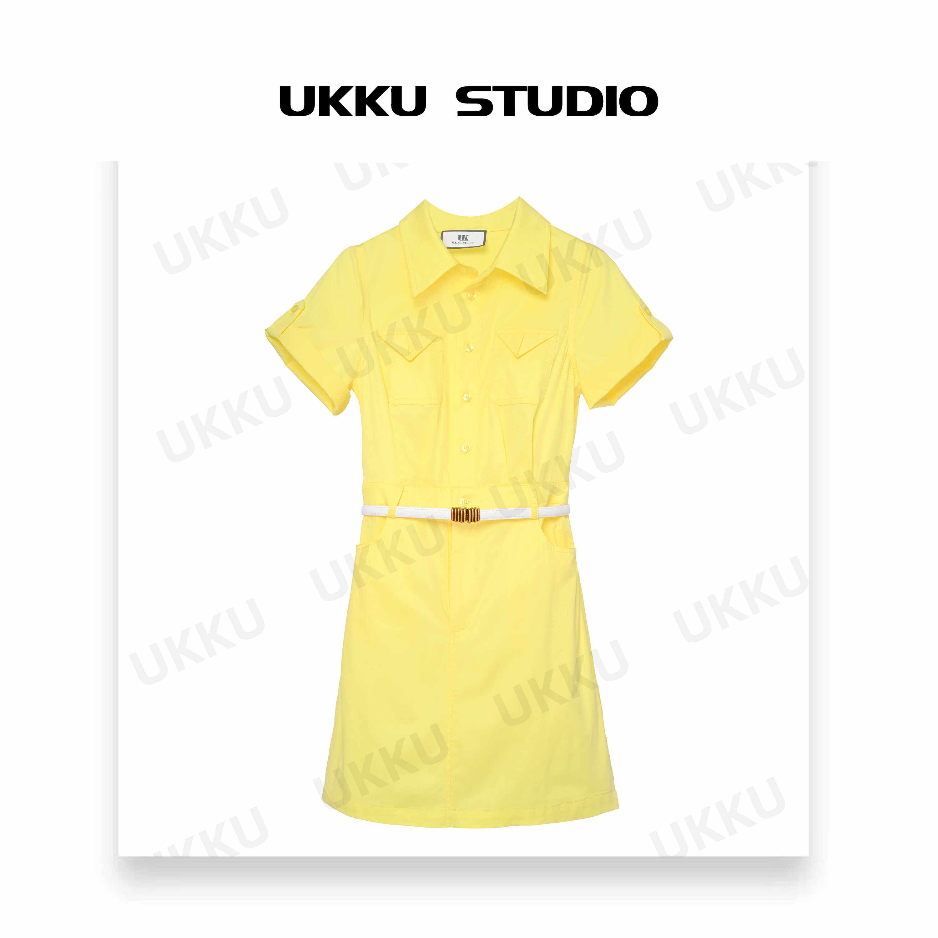 【UKKUSTUDIO】春季小众设计黄色扣袖衬衫轻奢潮衬衫连衣裙311963