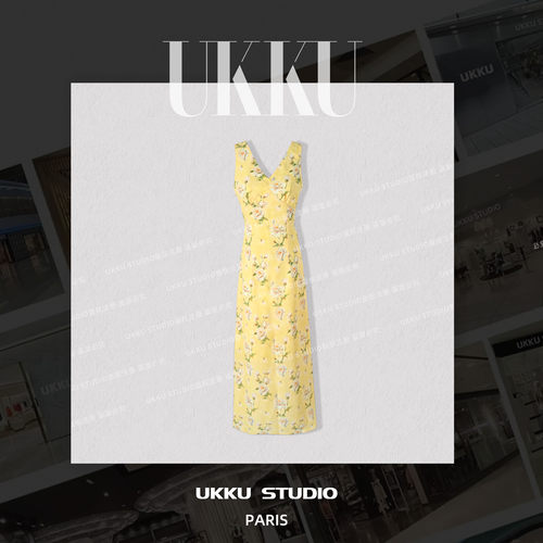 98【UKKU STUDIO】【山茶花】法式碎花黄色显白优雅连衣裙916125