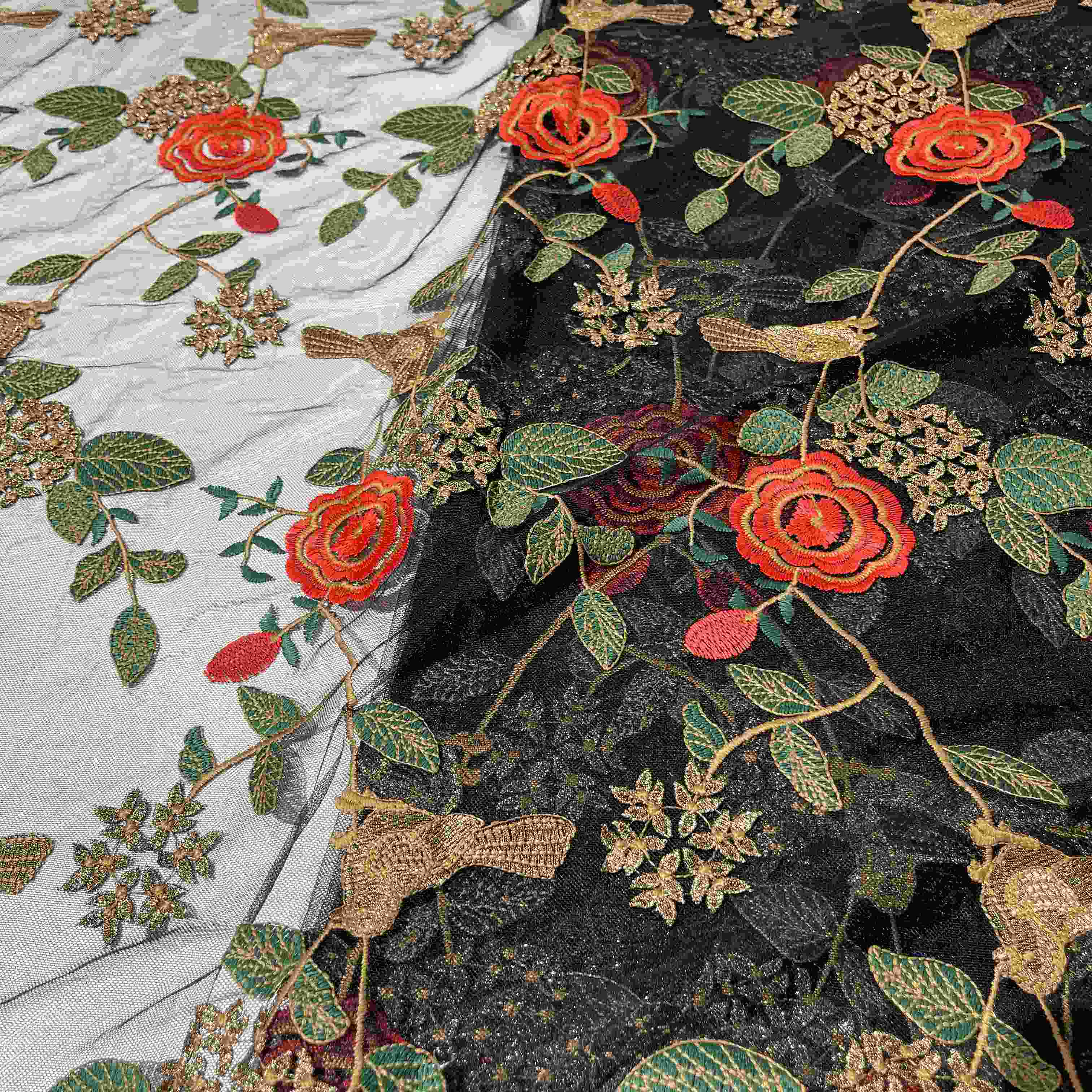 黑色网纱底中式旗袍面料绣花牡丹玫瑰花