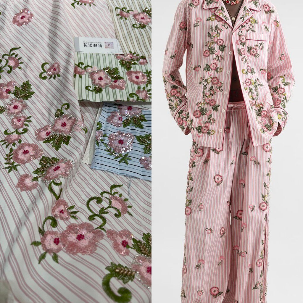 粉色系欧美休闲千金风南法条纹衬衫休闲棉布碎花刺绣珠片绣花布