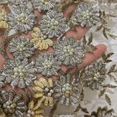 人间富贵花卡其色迎春花手工串珠刺绣礼服晚装 手工 缝钻淑女绣花