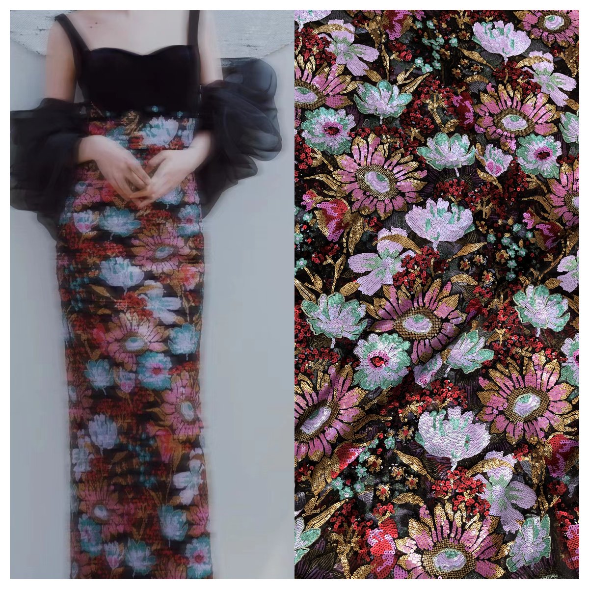 玫红枣红美杜莎亮片金片绣 网纱绣花礼服婚纱高端定制花朵太阳花