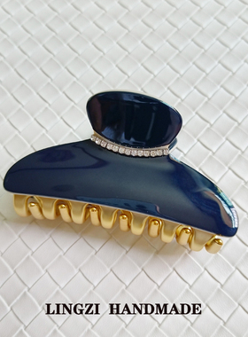 韩国纯手工旺多姆大号盘发竖抓夹发饰披肩发头饰欧美藏蓝色镶钻