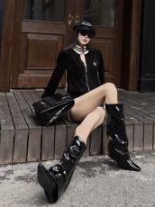 Западные Boots 2024春夏新款尖头漆皮裤管靴侧拉链长筒靴女不过膝欧美辣妹高筒靴