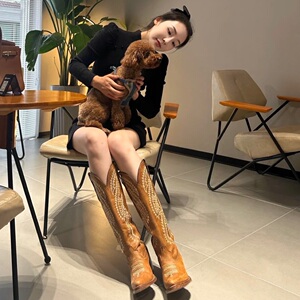 2023新款尖头复古高筒靴粗跟刺绣侧拉链长靴女百搭显瘦西部牛仔靴