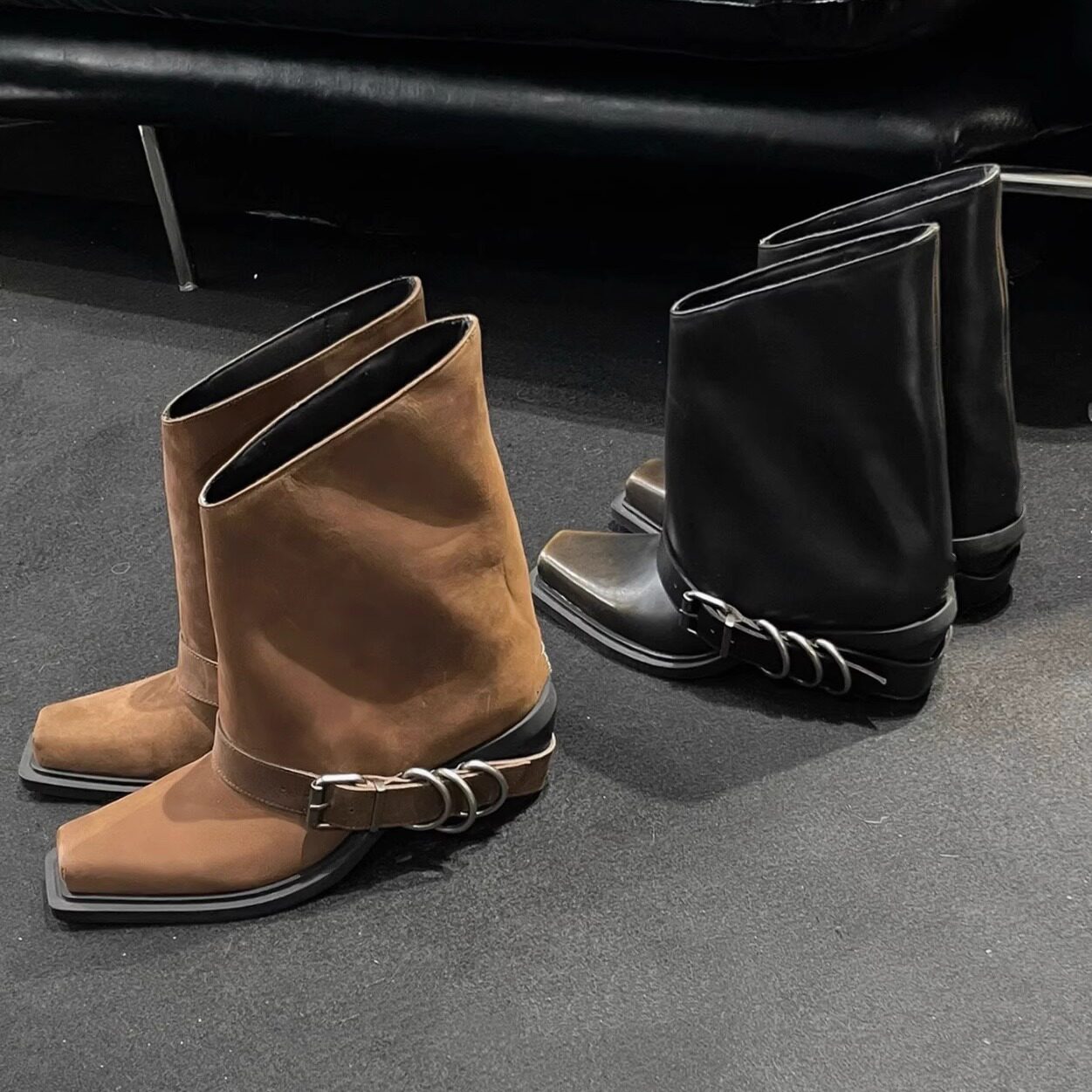 复古做旧厚底短靴小众方头裤管靴