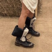 韩国小众拼接大筒围长筒靴2025秋冬新款 靴口可翻折复古绑带马丁靴