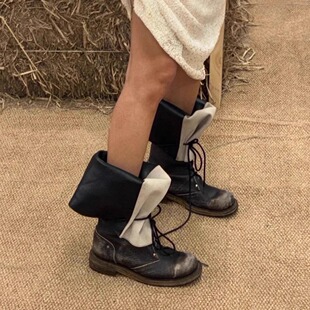 韩国小众拼接大筒围长筒靴2026春夏新款 靴口可翻折复古绑带马丁靴