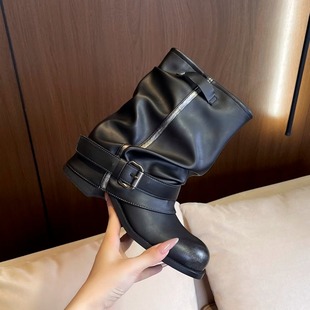 超火复古擦色褶皱堆堆短靴2026春夏新款粗跟短筒马丁靴西部裤管靴