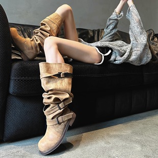 小众设计大筒围过膝长靴女2025秋冬新款褶皱堆堆靴圆头高筒骑士靴