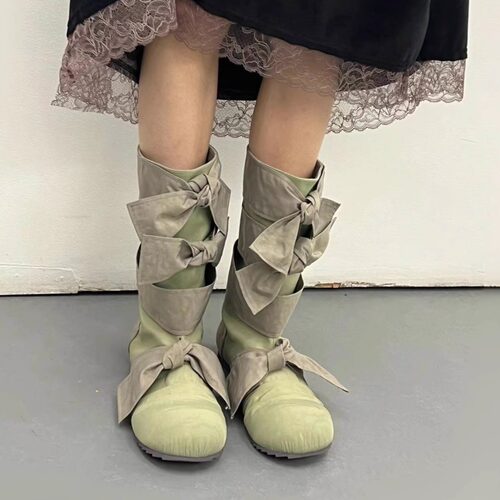 Lolita圆头平底绑带蝴蝶结中筒靴