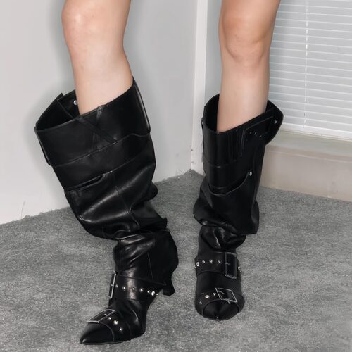 尖头金属扣大筒围堆堆靴辣妹长靴