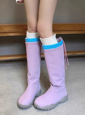 小众设计紫色长筒靴女不过膝2025秋冬新款防滑平底圆头高筒骑士靴