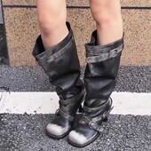 靴 小众高筒时装 复古擦色方头细跟高跟绑带长靴女2026春夏新款 时尚