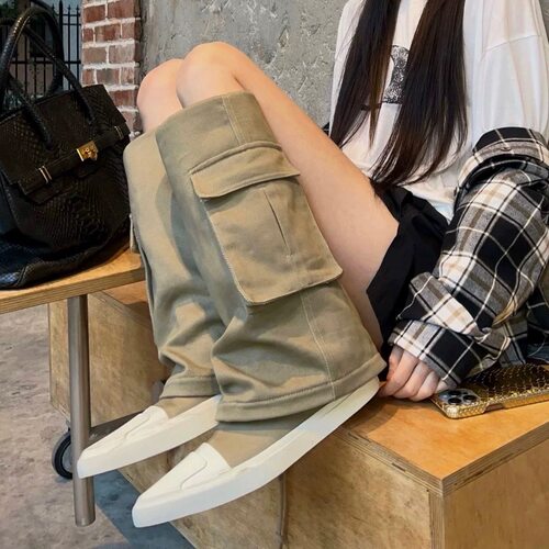 口袋装饰休闲平底长筒靴女不过膝