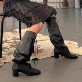 复古绑带褶皱堆堆靴粗跟长筒靴女不过膝小众圆头芭蕾风系带骑士靴