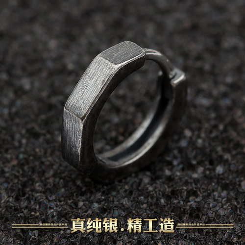 纯银男士耳环男耳钉男潮高级感嘻哈复古潮流个性单只痞帅潮男耳圈 - 封面