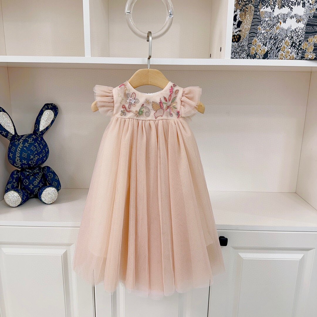 女童连衣裙夏季新款甜美小女孩金线刺绣高端绝美网纱公主裙飞袖裙