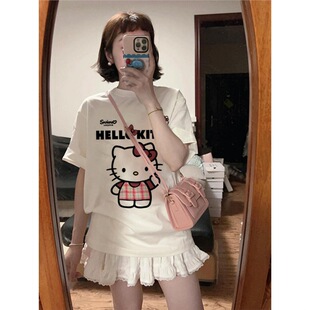 甜美可爱hellokitty猫圆领印花t恤短袖女夏季白色宽松纯棉上衣潮
