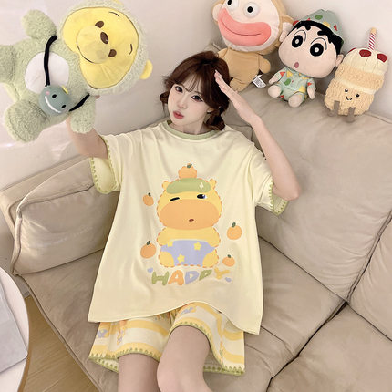 新款可爱水豚噜噜睡衣女纯棉夏季短袖家居服可外穿休闲甜美风套装