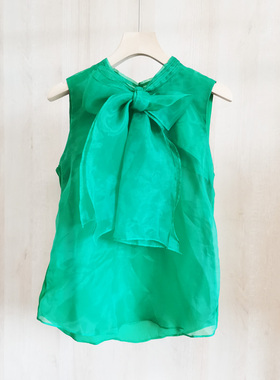 出口原单复古时尚系带大蝴蝶结欧根纱无袖上衣衬衫T恤绿色夏新款