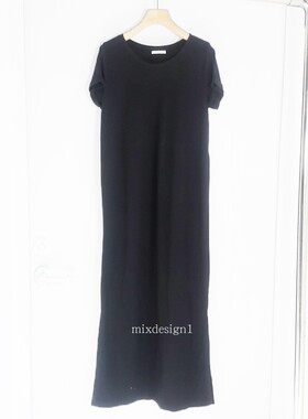 进口优质棉针织裙2024年原单圆领纯色短袖开叉长裙休闲宽松黑色
