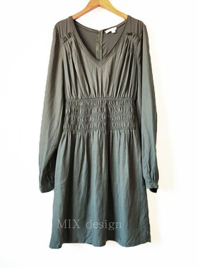 2023春秋新款长袖连衣裙欧美外贸原单 DK客定面料棉质灰绿色女裙