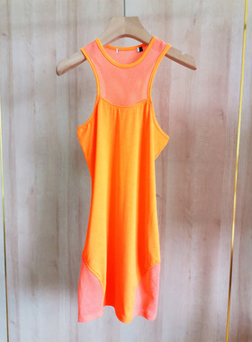 欧美高街潮牌原单复古亮橘红色弹力针织修身包臀露肩连衣裙短裙