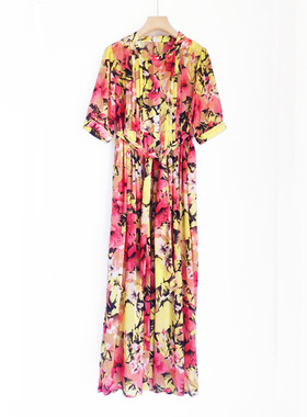 法国订单法式复古法优雅田园花色真丝短袖连衣裙桑蚕丝长裙夏季