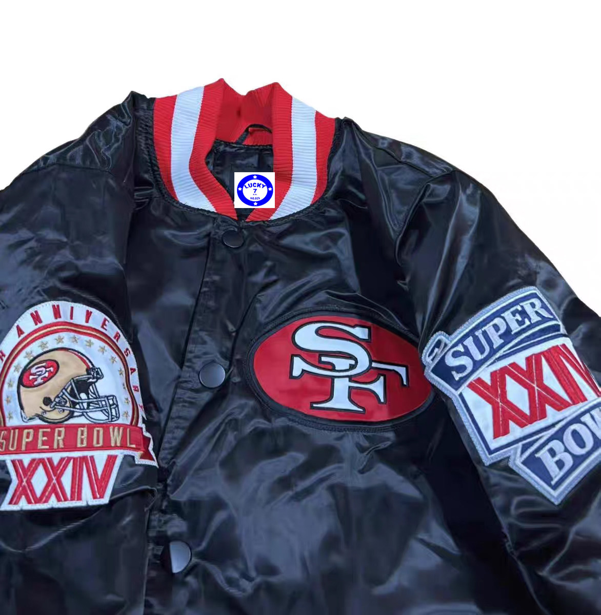 私藏正品旧金山49人1990超级碗复古黑缎面夹克秋冬夹棉棒球服M码